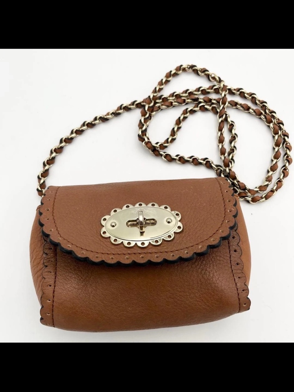 Mulberry Tan Leather Scalloped Flap Crossbody with Chain Strap